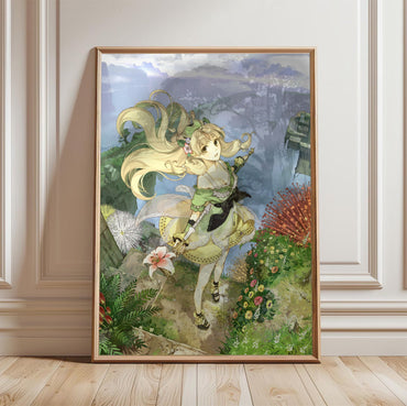 Atelier Ayesha Plus The Alchemist of Dusk Main Visual by Hidari in a light oak frame leaning against a white wall