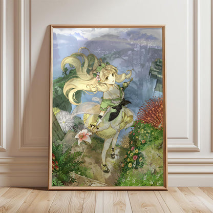 Atelier Ayesha Plus The Alchemist of Dusk Main Visual by Hidari in a light oak frame leaning against a white wall