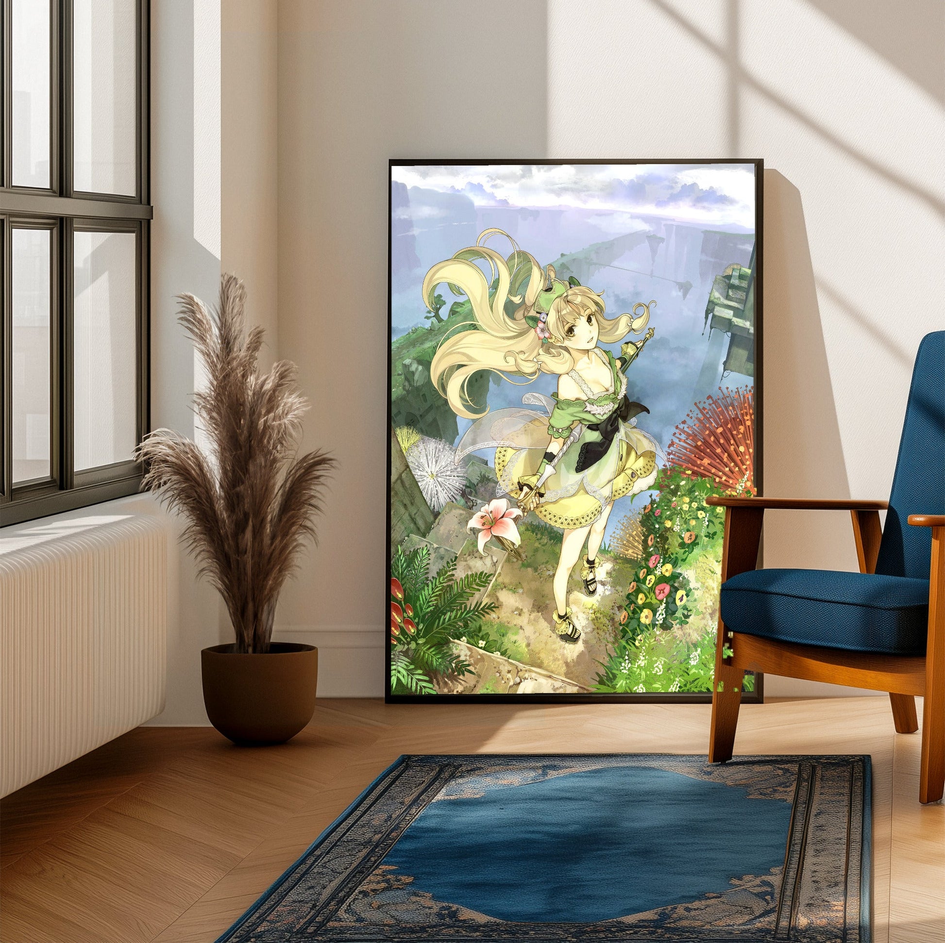 Atelier Ayesha Plus The Alchemist of Dusk Main Visual by Hidari framed beside a blue armchair in a sunlit room