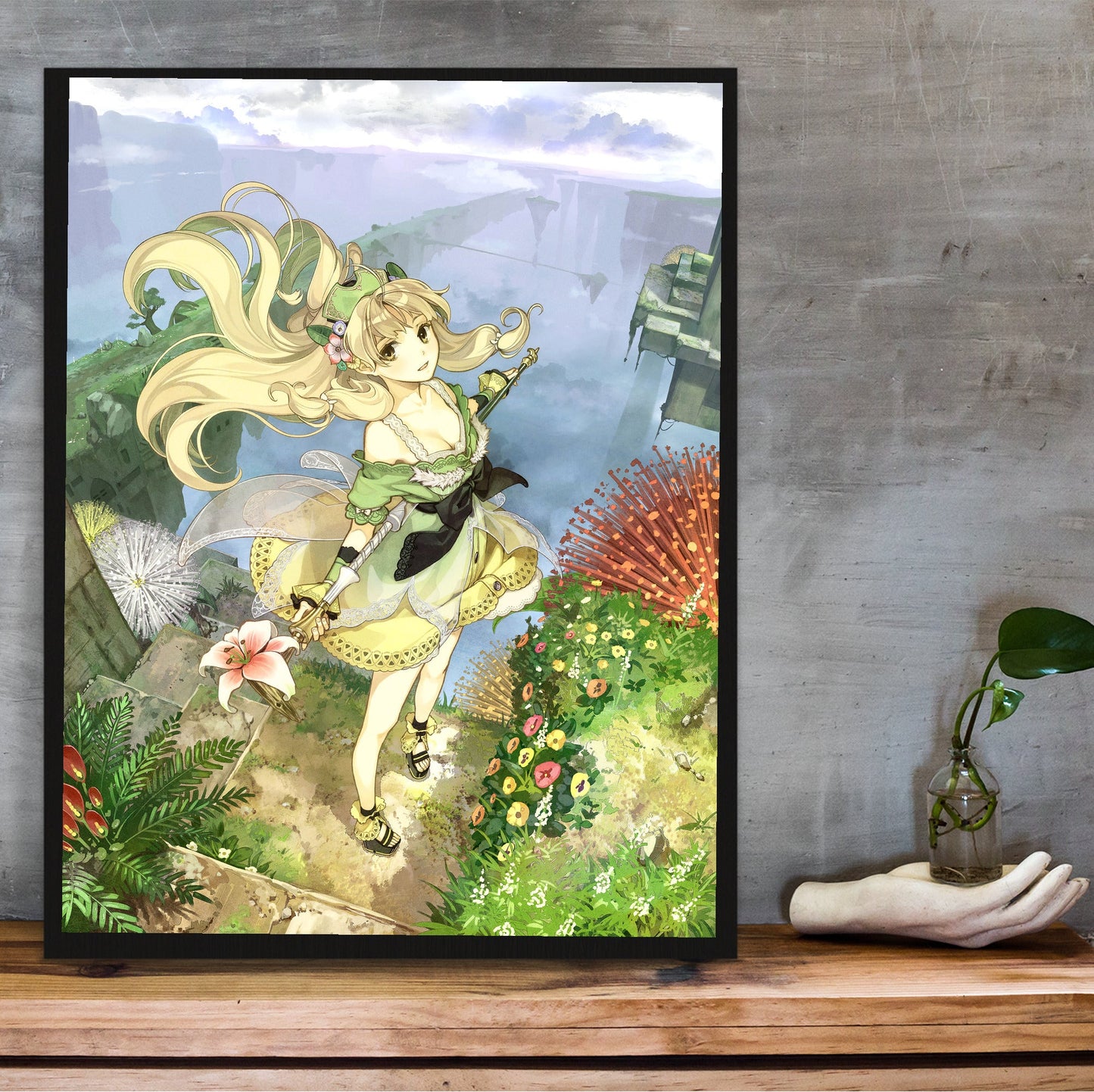 Atelier Ayesha Plus The Alchemist of Dusk Main Visual by Hidari in a black frame on a wooden shelf against concrete