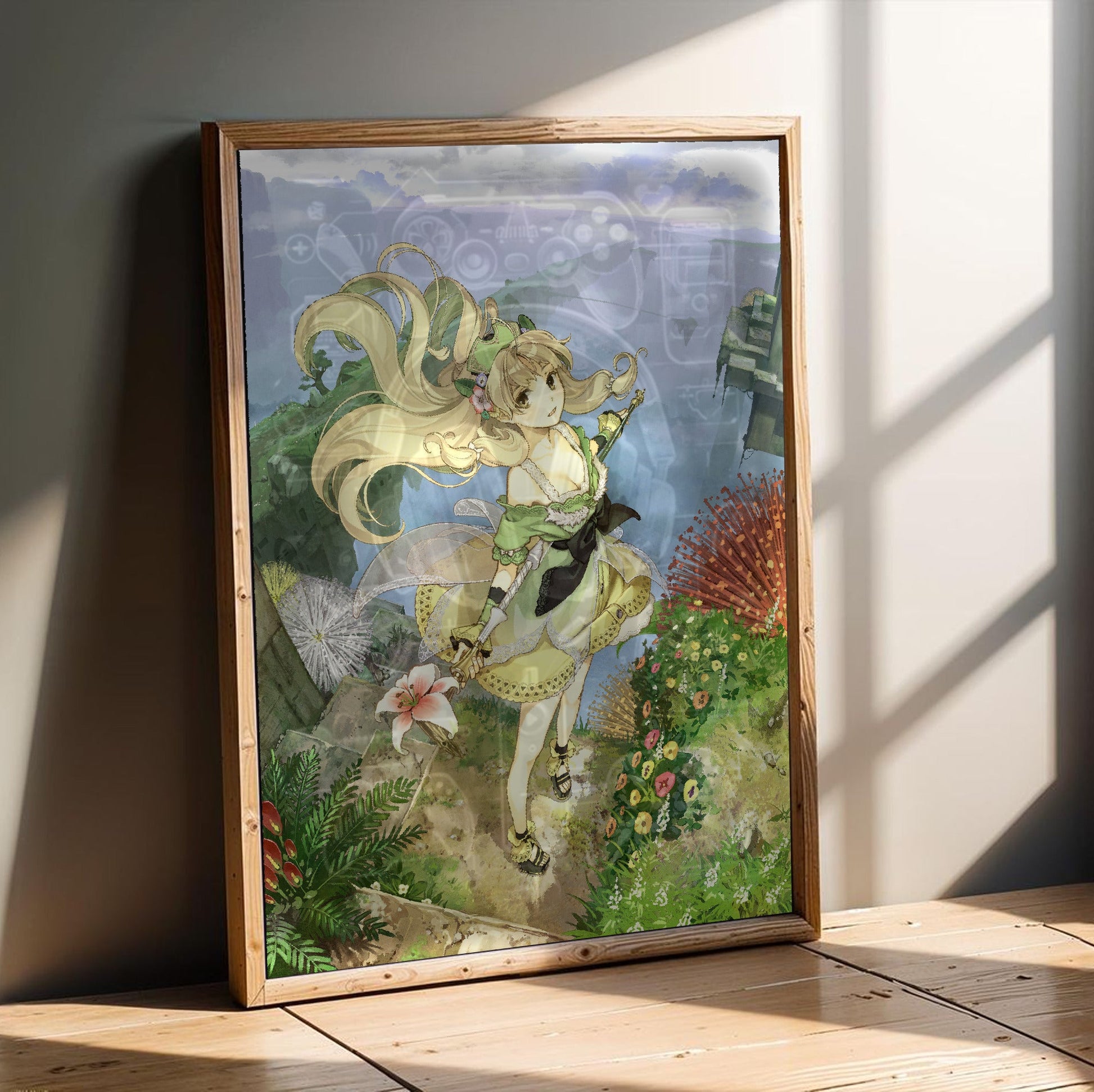 Atelier Ayesha Plus The Alchemist of Dusk Main Visual by Hidari in an oak frame leaning on a wooden floor