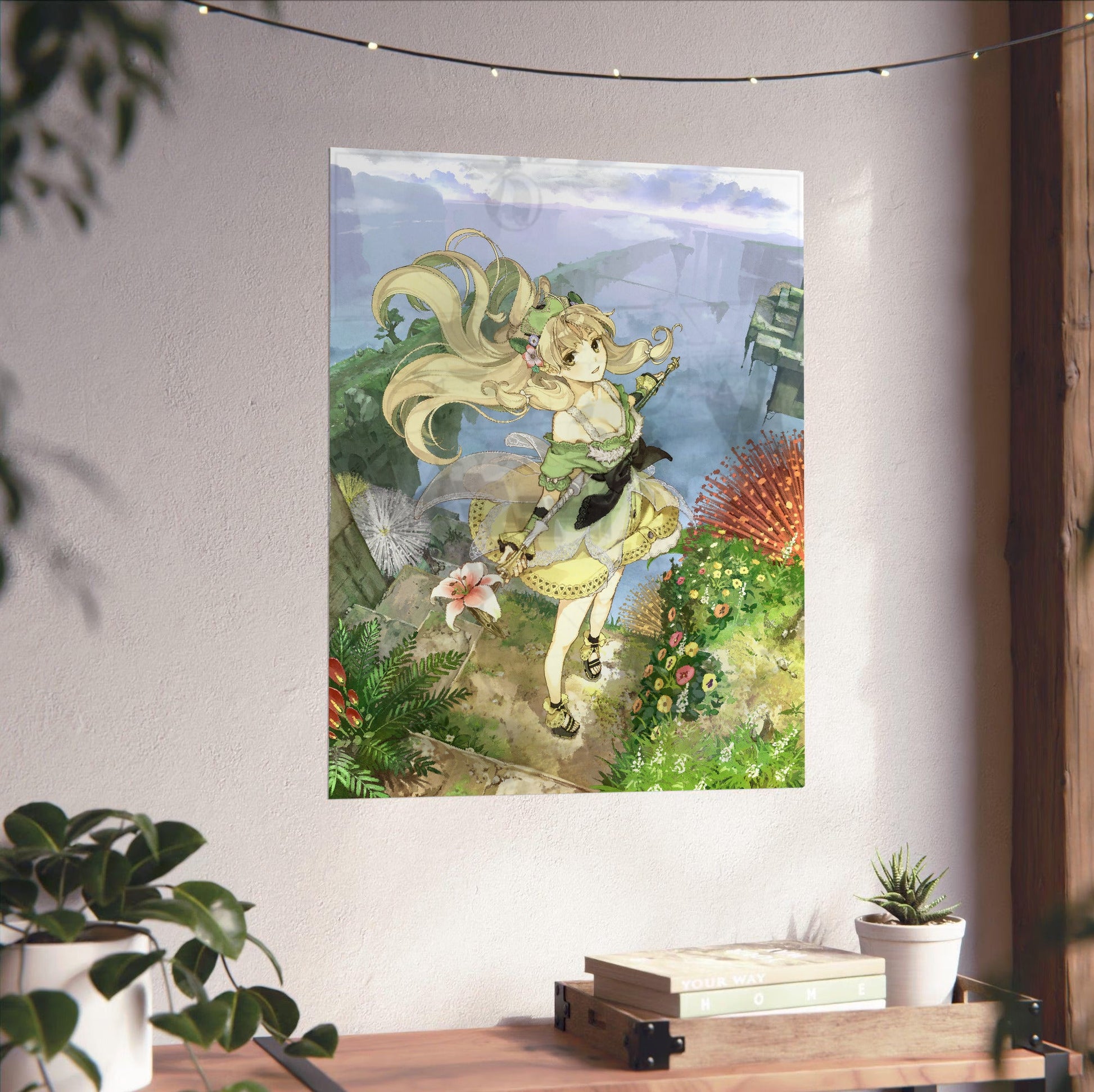 Atelier Ayesha Plus The Alchemist of Dusk Main Visual by Hidari unframed on a white wall above a desk