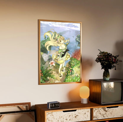 Atelier Ayesha Plus The Alchemist of Dusk Main Visual by Hidari in an oak frame above a sideboard
