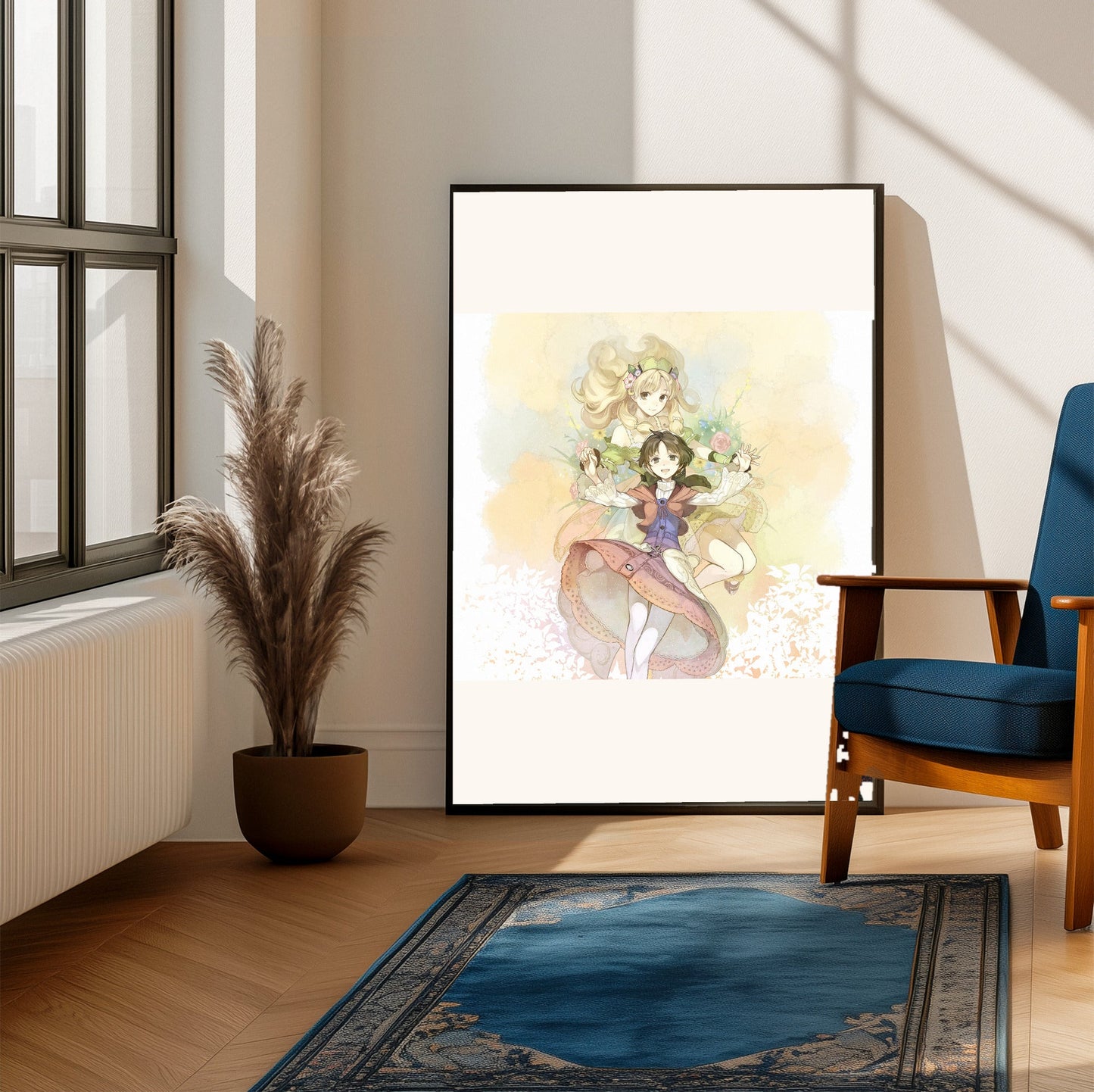 Atelier Ayesha The Alchemist of Dusk DX Main Visual by Hidari framed beside a blue armchair in a sunlit room