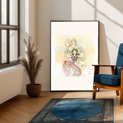 Atelier Ayesha The Alchemist of Dusk DX Main Visual by Hidari framed beside a blue armchair in a sunlit room