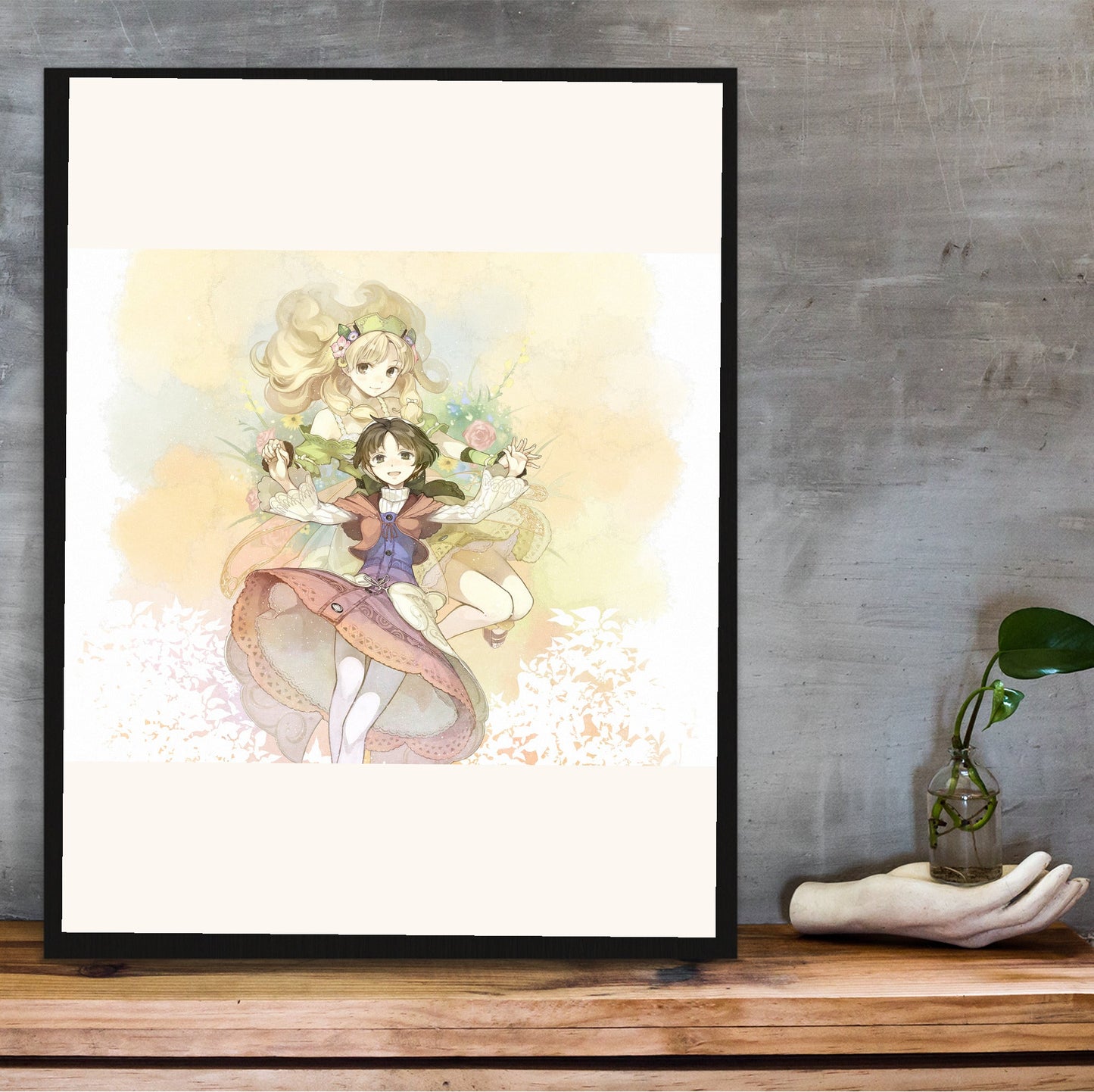 Atelier Ayesha The Alchemist of Dusk DX Main Visual by Hidari in a black frame on a wooden shelf against concrete
