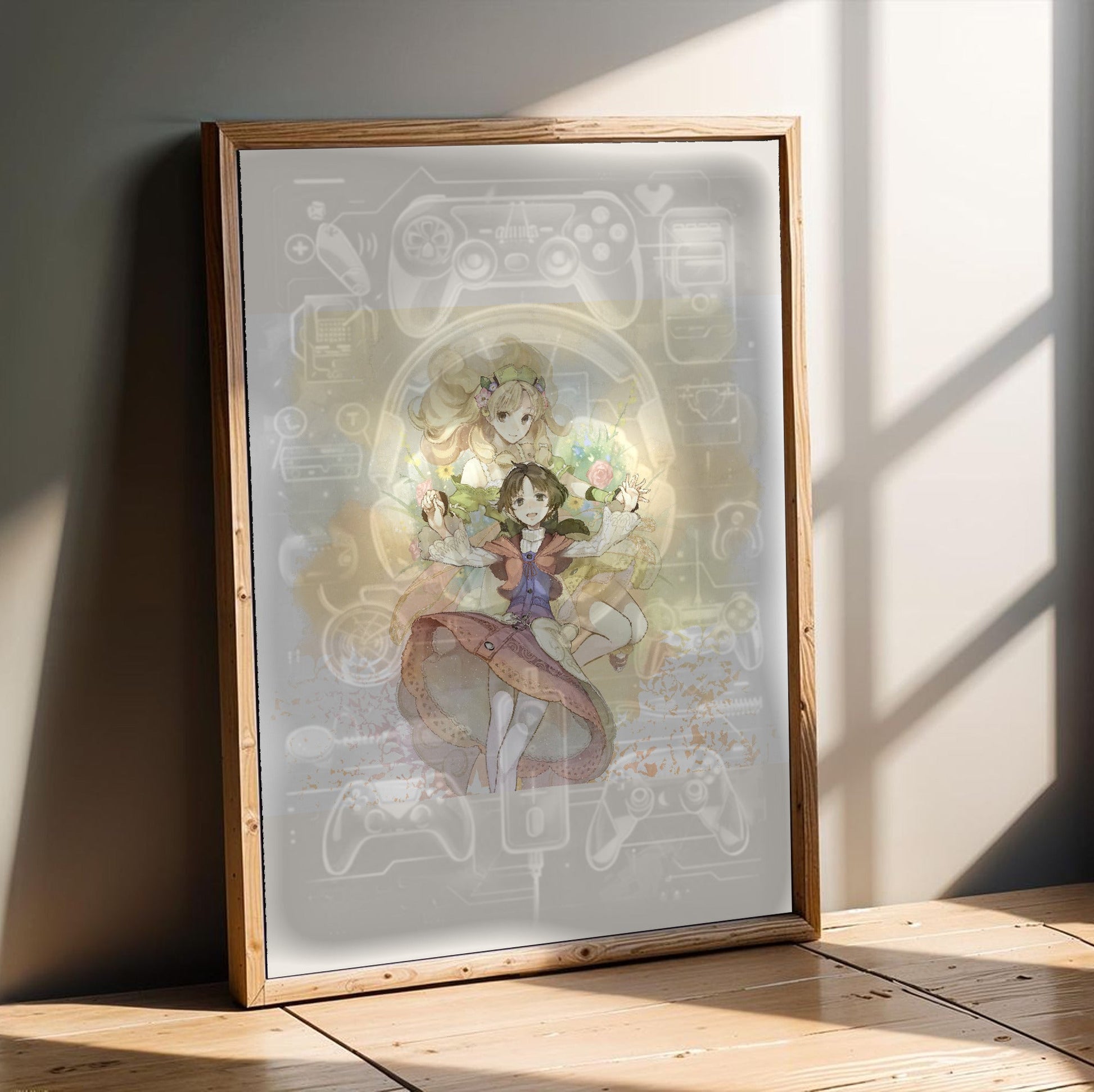Atelier Ayesha The Alchemist of Dusk DX Main Visual by Hidari in an oak frame leaning on a wooden floor