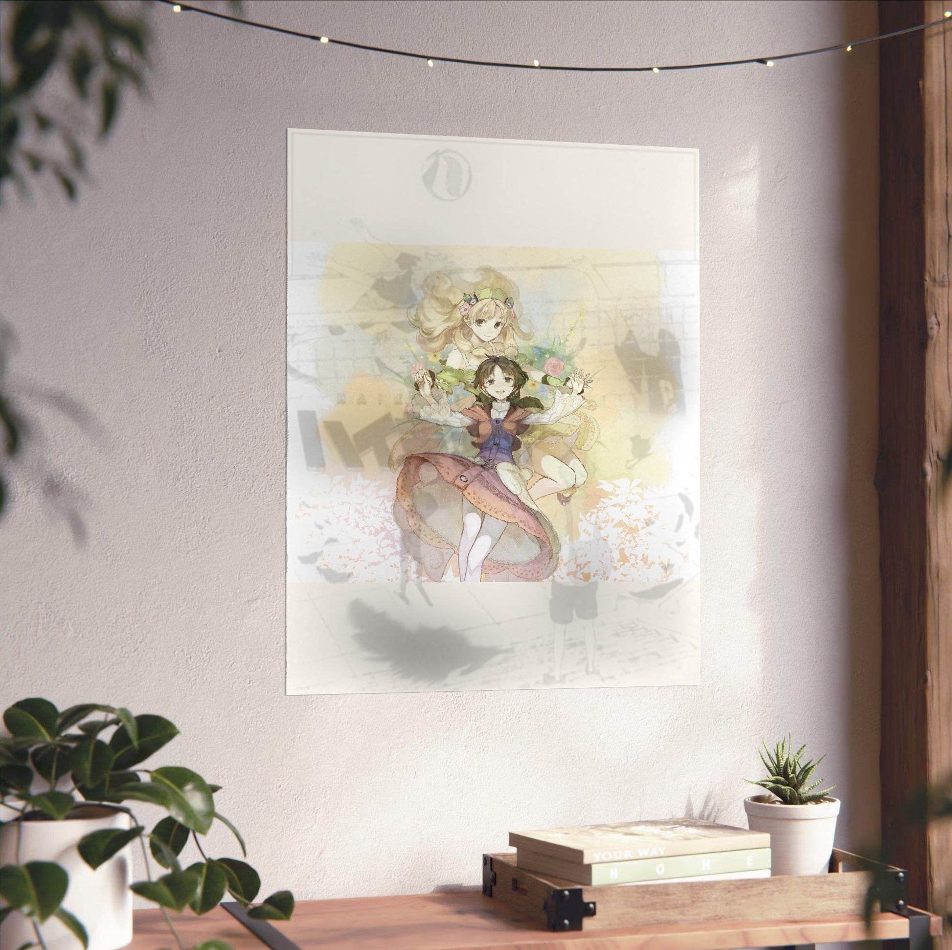 Atelier Ayesha The Alchemist of Dusk DX Main Visual by Hidari unframed on a white wall above a desk