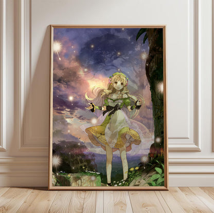 Atelier Ayesha The Alchemist of Dusk Key Art by Hidari in a light oak frame leaning against a white wall