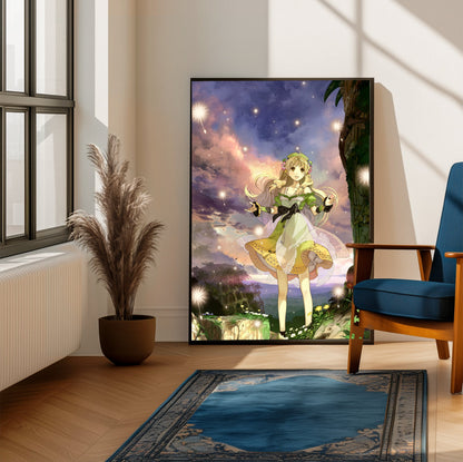 Atelier Ayesha The Alchemist of Dusk Key Art by Hidari framed beside a blue armchair in a sunlit room