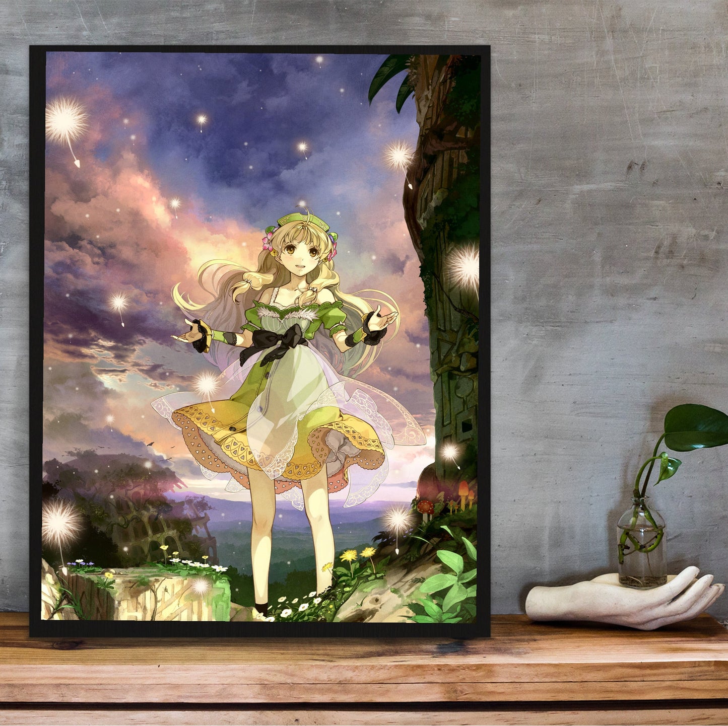 Atelier Ayesha The Alchemist of Dusk Key Art by Hidari in a black frame on a wooden shelf against concrete