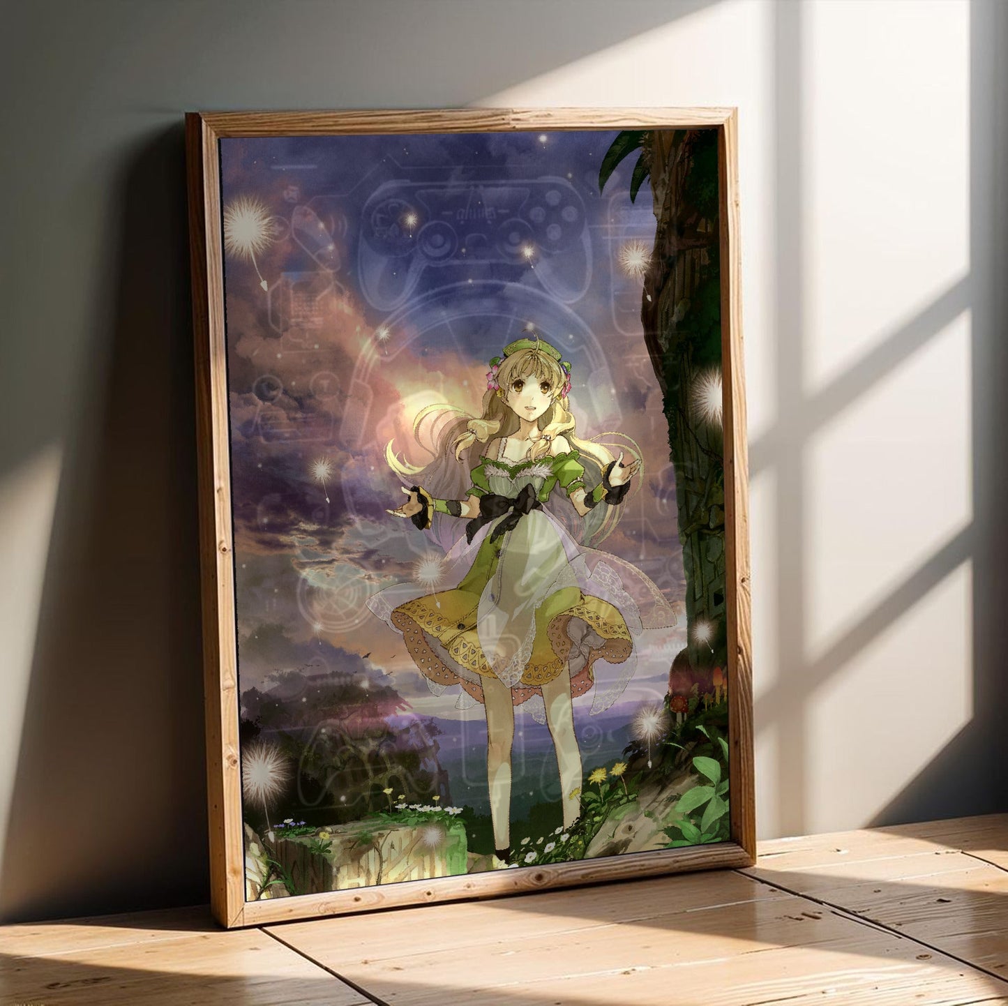 Atelier Ayesha The Alchemist of Dusk Key Art by Hidari in an oak frame leaning on a wooden floor