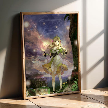 Atelier Ayesha The Alchemist of Dusk Key Art by Hidari in an oak frame leaning on a wooden floor