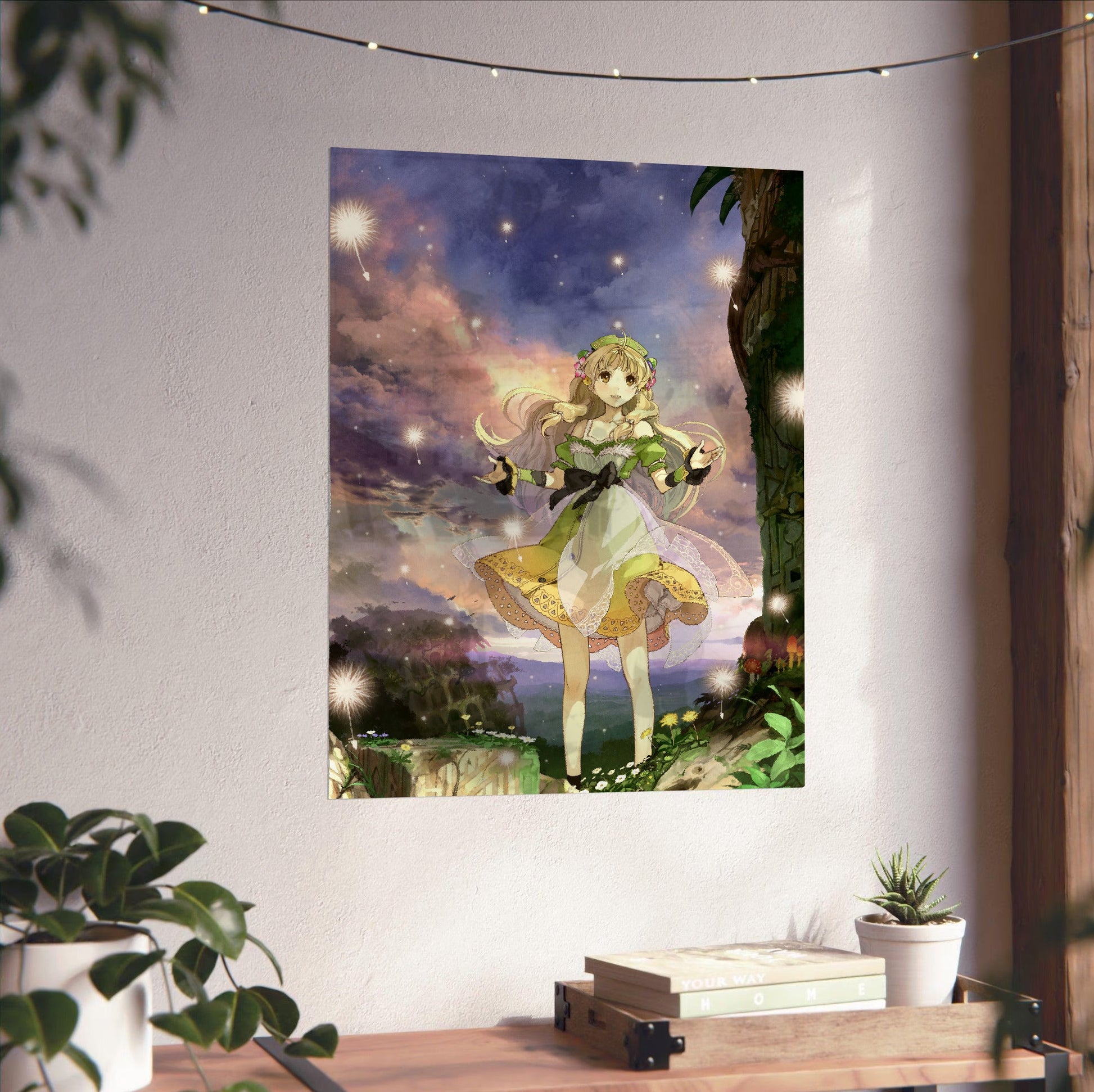 Atelier Ayesha The Alchemist of Dusk Key Art by Hidari unframed on a white wall above a desk
