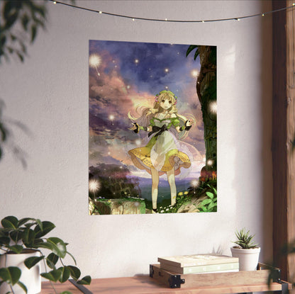 Atelier Ayesha The Alchemist of Dusk Key Art by Hidari unframed on a white wall above a desk