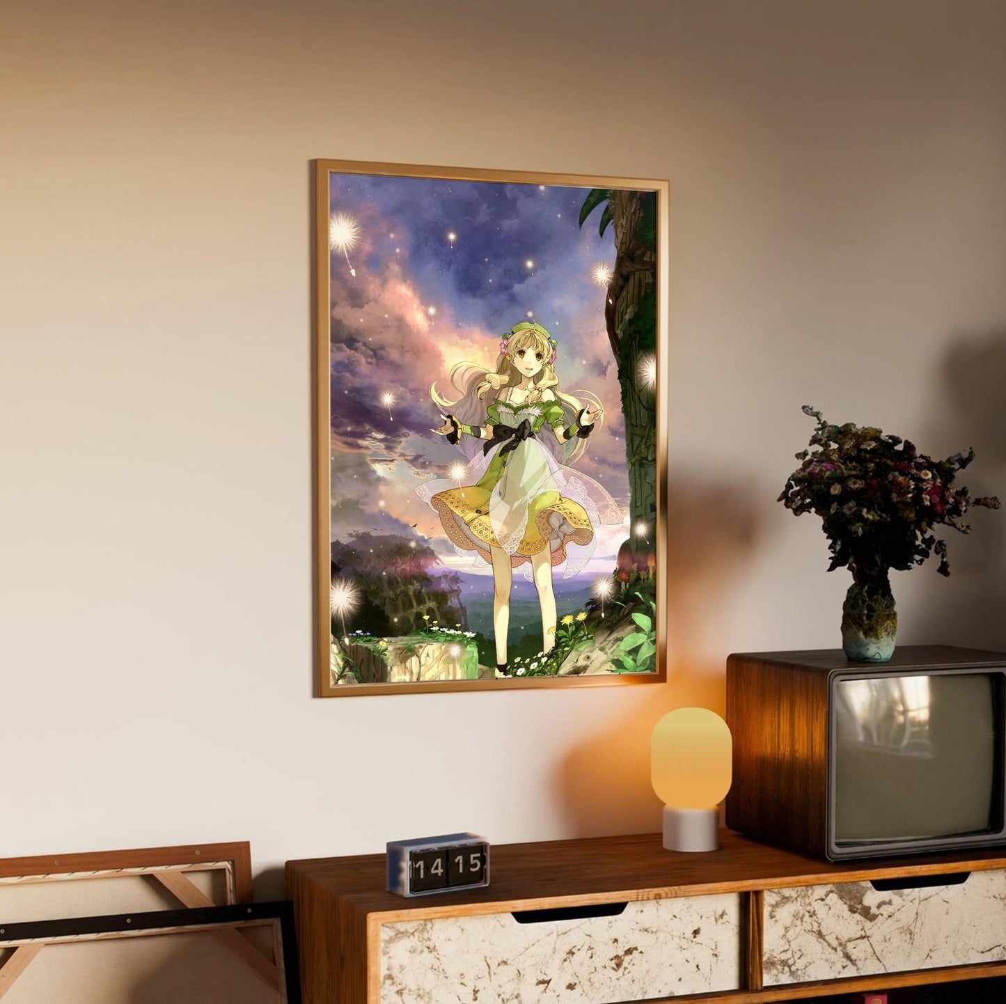 Atelier Ayesha The Alchemist of Dusk Key Art by Hidari in an oak frame above a sideboard