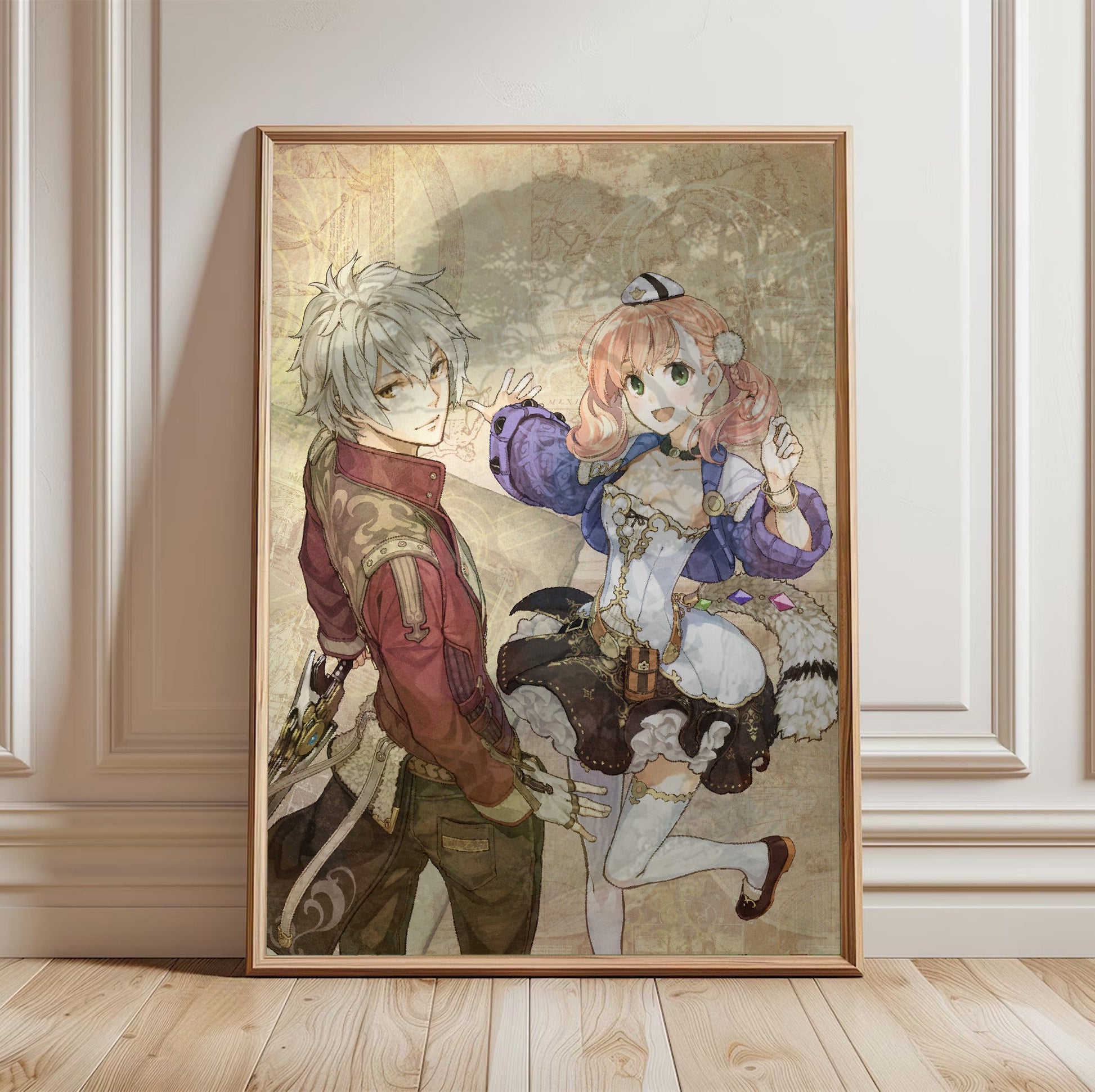 Atelier Escha and Logy Alchemists of the Dusk Sky DX Main Visual by Hidari in a light oak frame leaning against a white wall