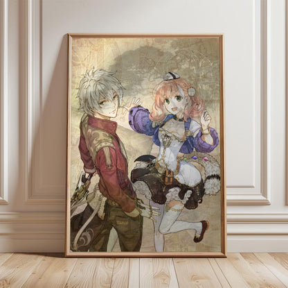 Atelier Escha and Logy Alchemists of the Dusk Sky DX Main Visual by Hidari in a light oak frame leaning against a white wall