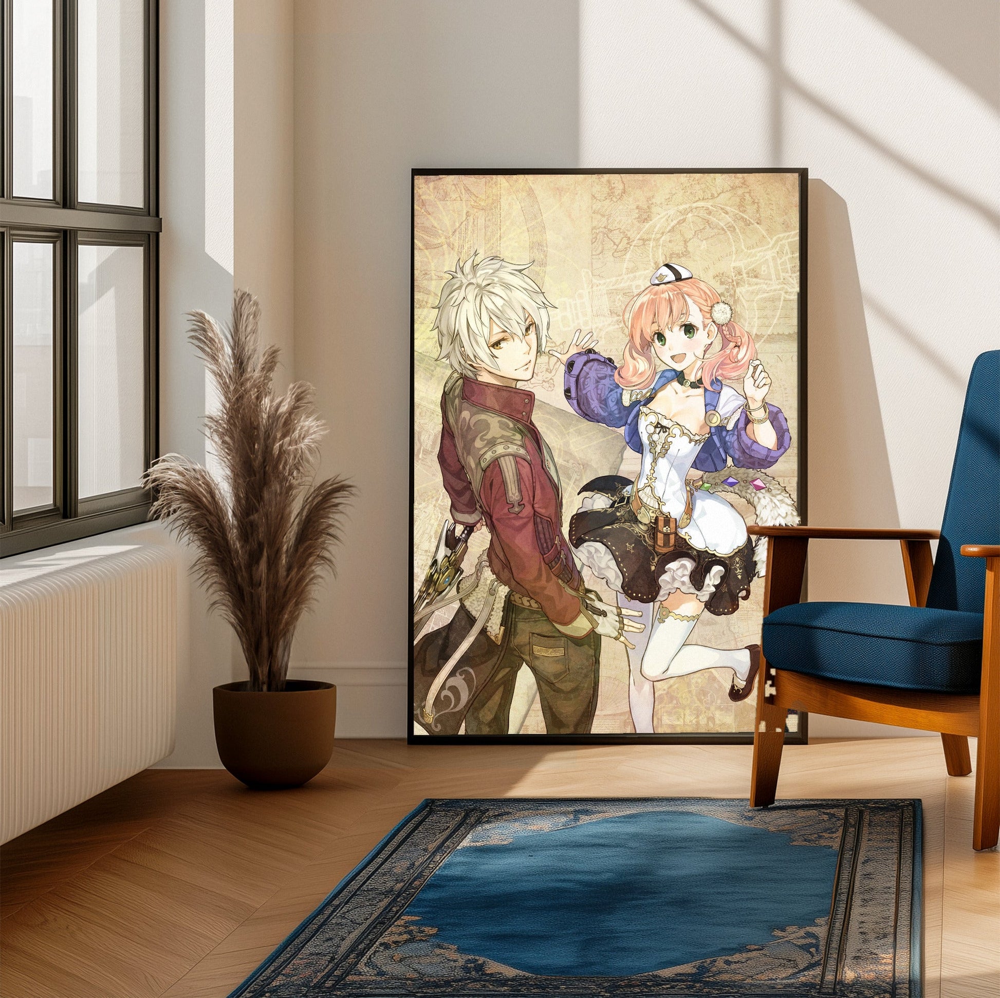 Atelier Escha and Logy Alchemists of the Dusk Sky DX Main Visual by Hidari framed beside a blue armchair in a sunlit room
