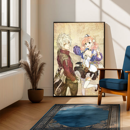 Atelier Escha and Logy Alchemists of the Dusk Sky DX Main Visual by Hidari framed beside a blue armchair in a sunlit room