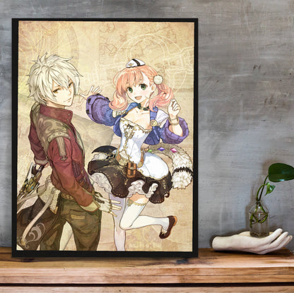 Atelier Escha and Logy Alchemists of the Dusk Sky DX Main Visual by Hidari in a black frame on a wooden shelf against concrete