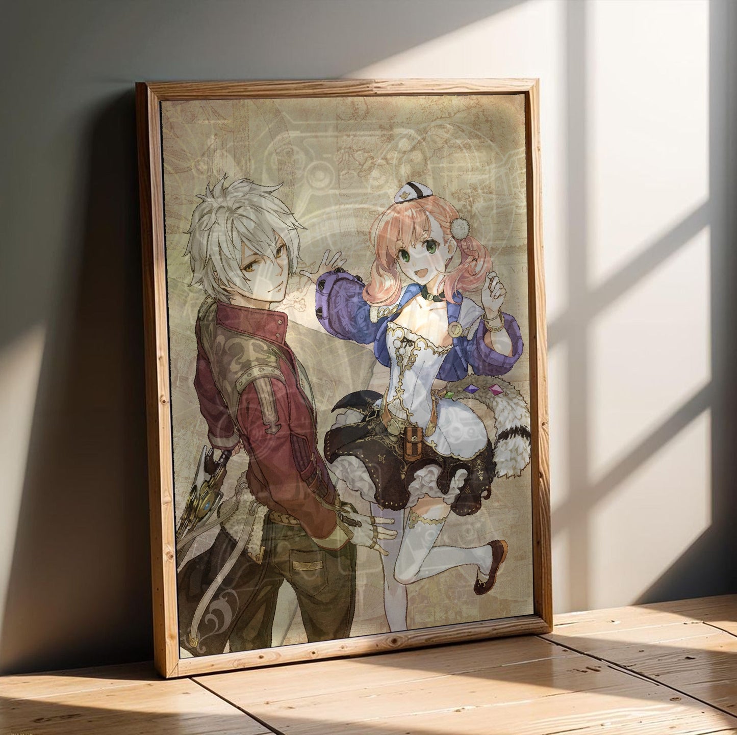 Atelier Escha and Logy Alchemists of the Dusk Sky DX Main Visual by Hidari in an oak frame leaning on a wooden floor