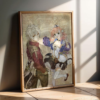 Atelier Escha and Logy Alchemists of the Dusk Sky DX Main Visual by Hidari in an oak frame leaning on a wooden floor