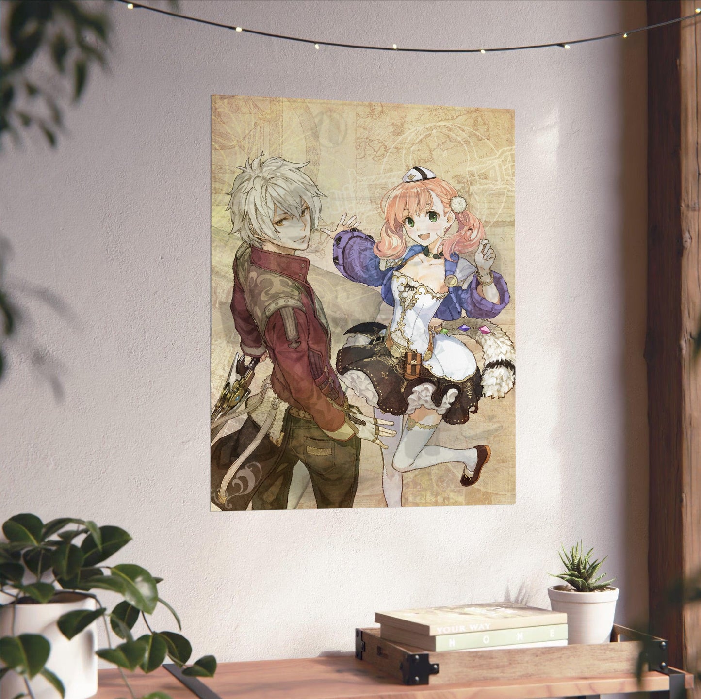 Atelier Escha and Logy Alchemists of the Dusk Sky DX Main Visual by Hidari unframed on a white wall above a desk