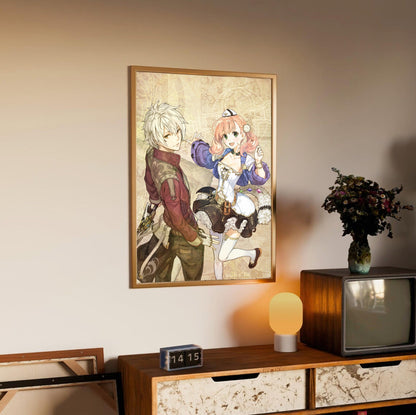 Atelier Escha and Logy Alchemists of the Dusk Sky DX Main Visual by Hidari in an oak frame above a sideboard