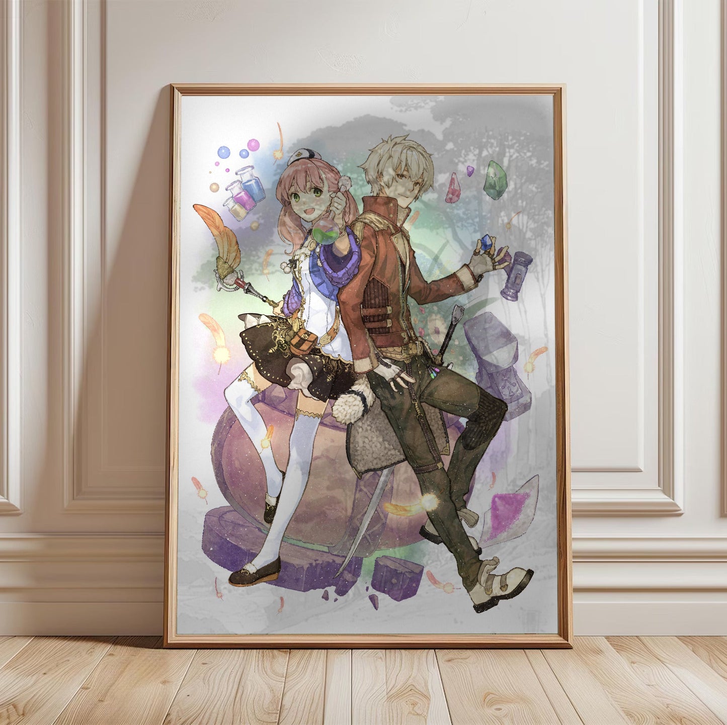 Atelier Escha and Logy Alchemists of the Dusk Sky Key Visual by Hidari in a light oak frame leaning against a white wall