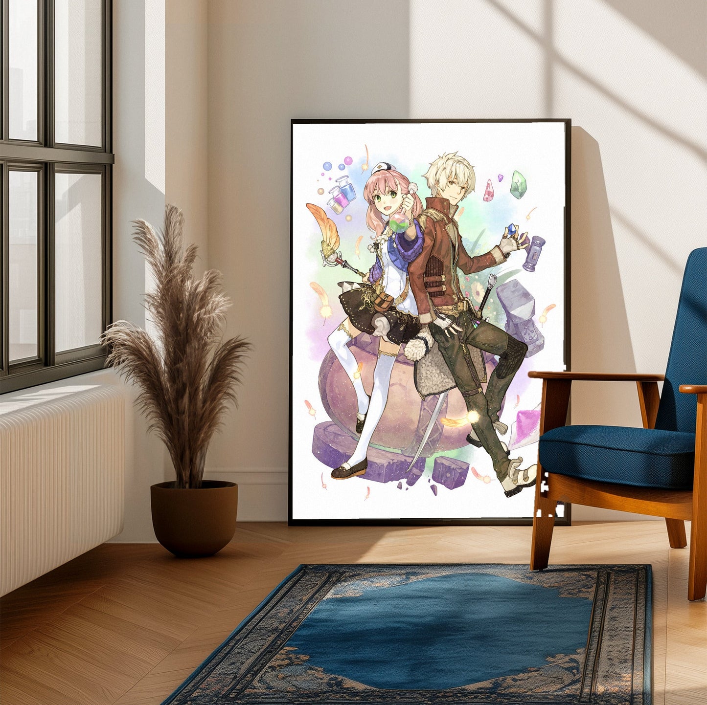Atelier Escha and Logy Alchemists of the Dusk Sky Key Visual by Hidari framed beside a blue armchair in a sunlit room