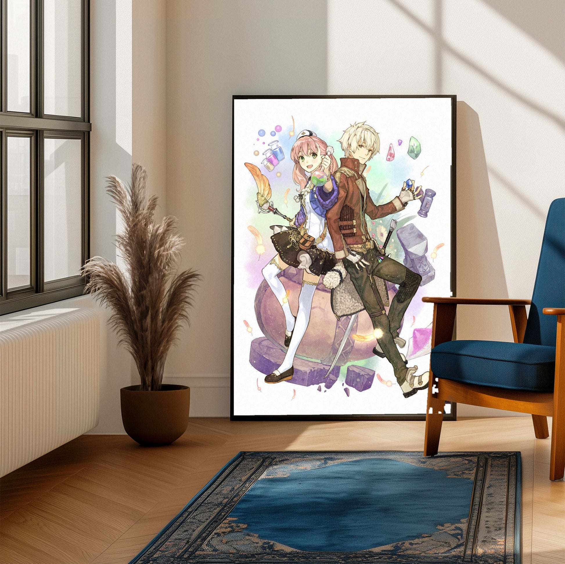 Atelier Escha and Logy Alchemists of the Dusk Sky Key Visual by Hidari framed beside a blue armchair in a sunlit room