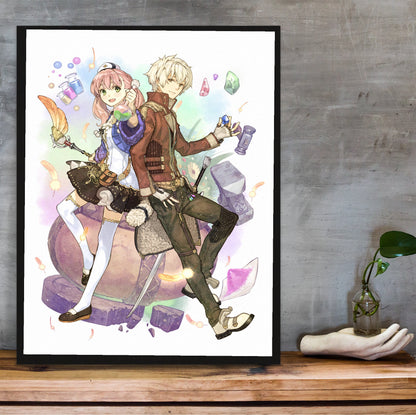 Atelier Escha and Logy Alchemists of the Dusk Sky Key Visual by Hidari in a black frame on a wooden shelf against concrete