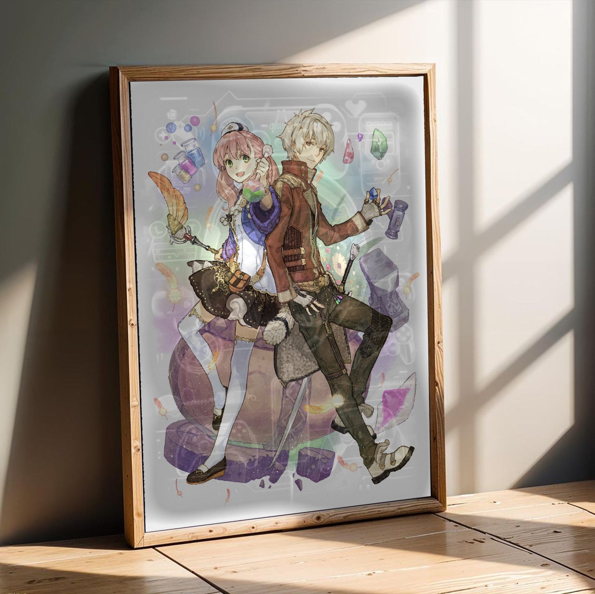Atelier Escha and Logy Alchemists of the Dusk Sky Key Visual by Hidari in an oak frame leaning on a wooden floor