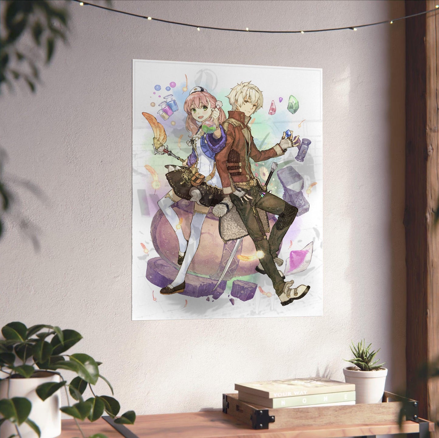 Atelier Escha and Logy Alchemists of the Dusk Sky Key Visual by Hidari unframed on a white wall above a desk