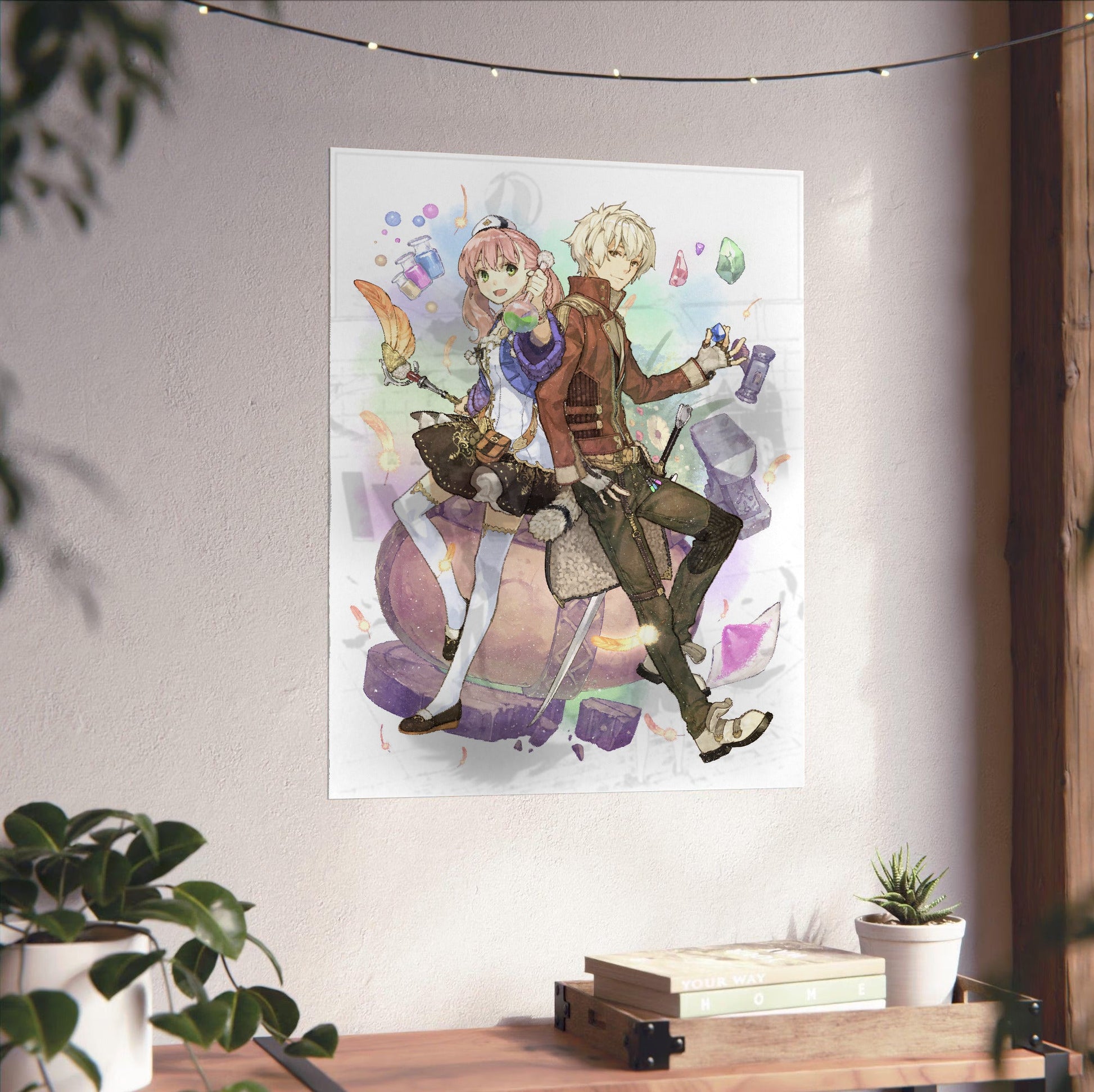Atelier Escha and Logy Alchemists of the Dusk Sky Key Visual by Hidari unframed on a white wall above a desk
