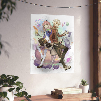 Atelier Escha and Logy Alchemists of the Dusk Sky Key Visual by Hidari unframed on a white wall above a desk