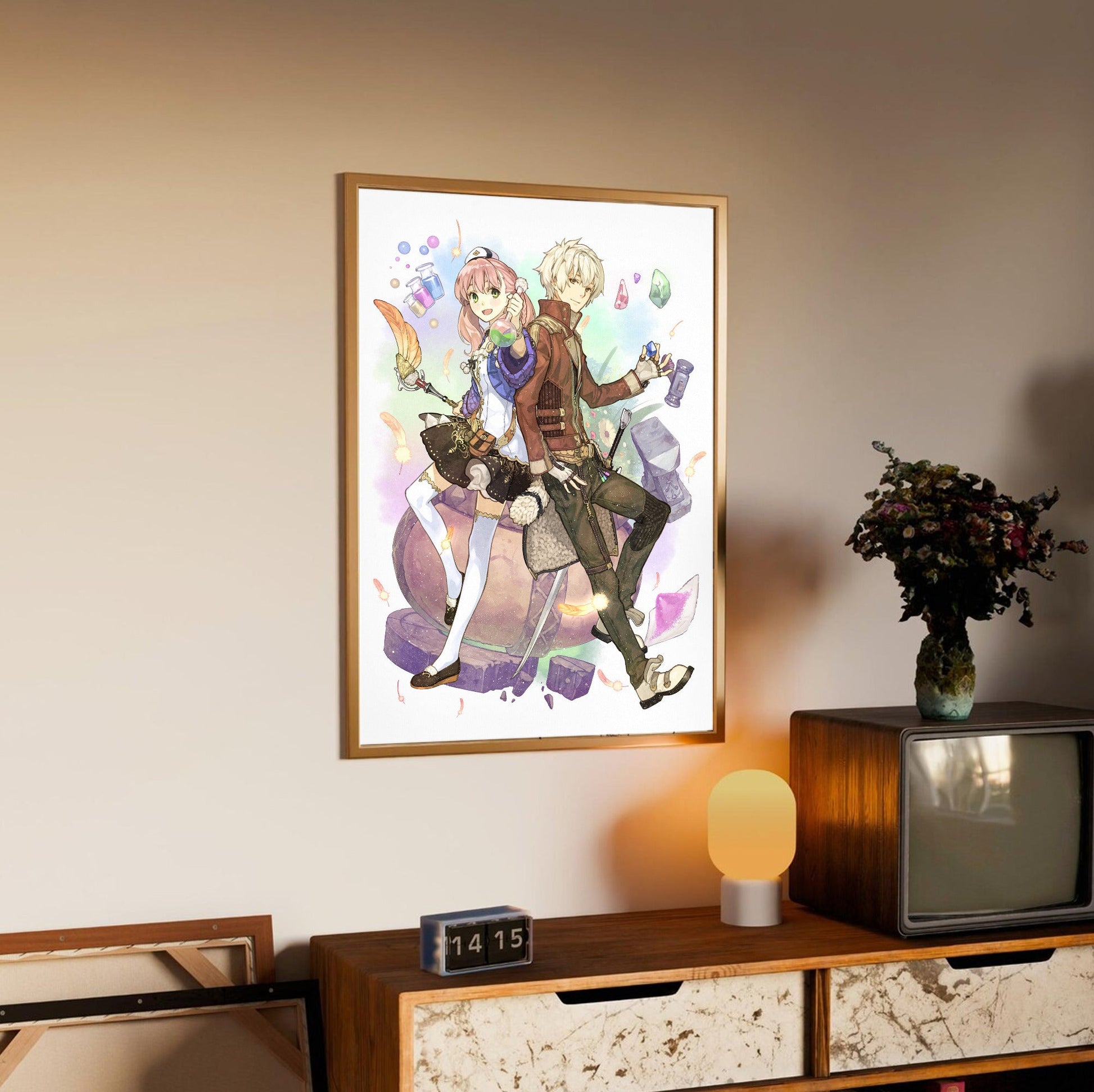 Atelier Escha and Logy Alchemists of the Dusk Sky Key Visual by Hidari in an oak frame above a sideboard