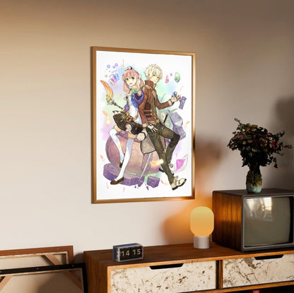 Atelier Escha and Logy Alchemists of the Dusk Sky Key Visual by Hidari in an oak frame above a sideboard