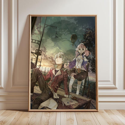 Atelier Escha and Logy Alchemists of the Dusk Sky Main Visual by Hidari in a light oak frame leaning against a white wall