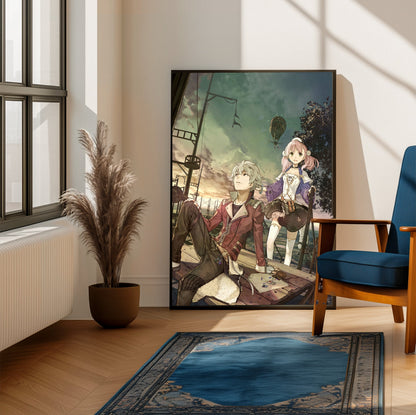 Atelier Escha and Logy Alchemists of the Dusk Sky Main Visual by Hidari framed beside a blue armchair in a sunlit room