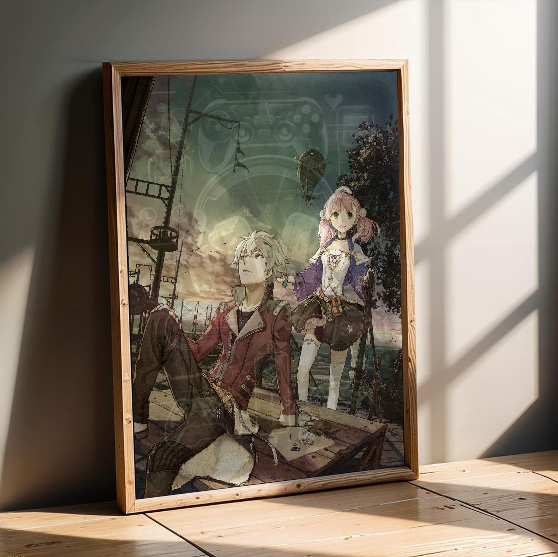 Atelier Escha and Logy Alchemists of the Dusk Sky Main Visual by Hidari in an oak frame leaning on a wooden floor