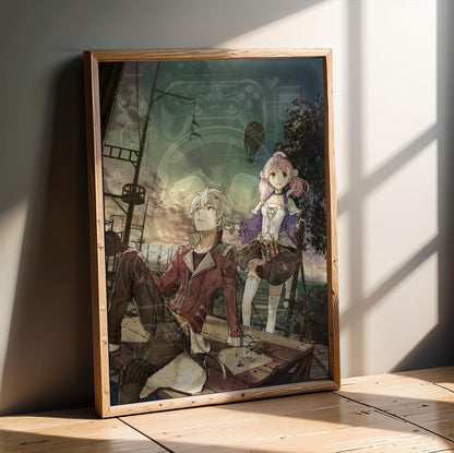 Atelier Escha and Logy Alchemists of the Dusk Sky Main Visual by Hidari in an oak frame leaning on a wooden floor