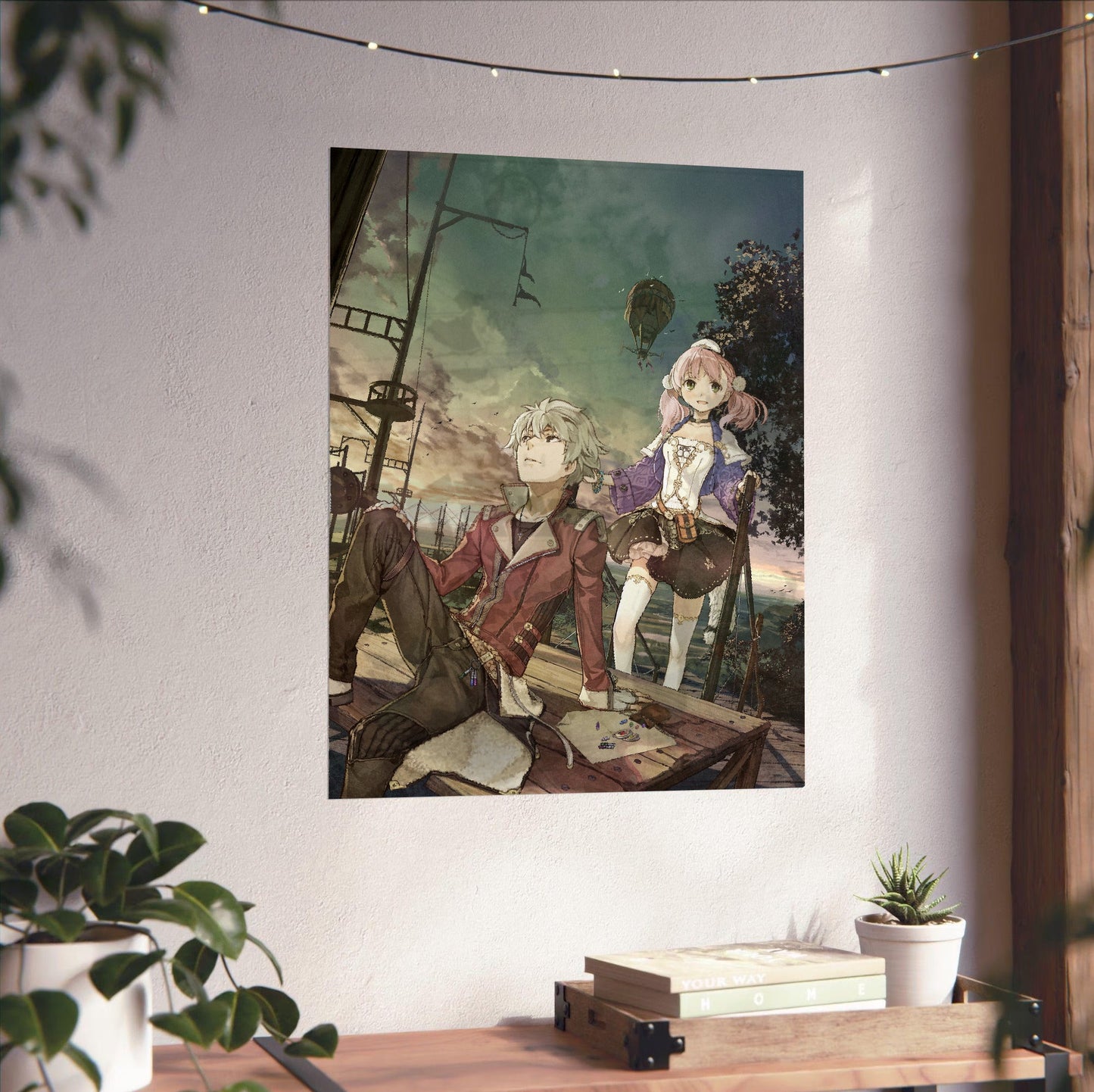 Atelier Escha and Logy Alchemists of the Dusk Sky Main Visual by Hidari unframed on a white wall above a desk