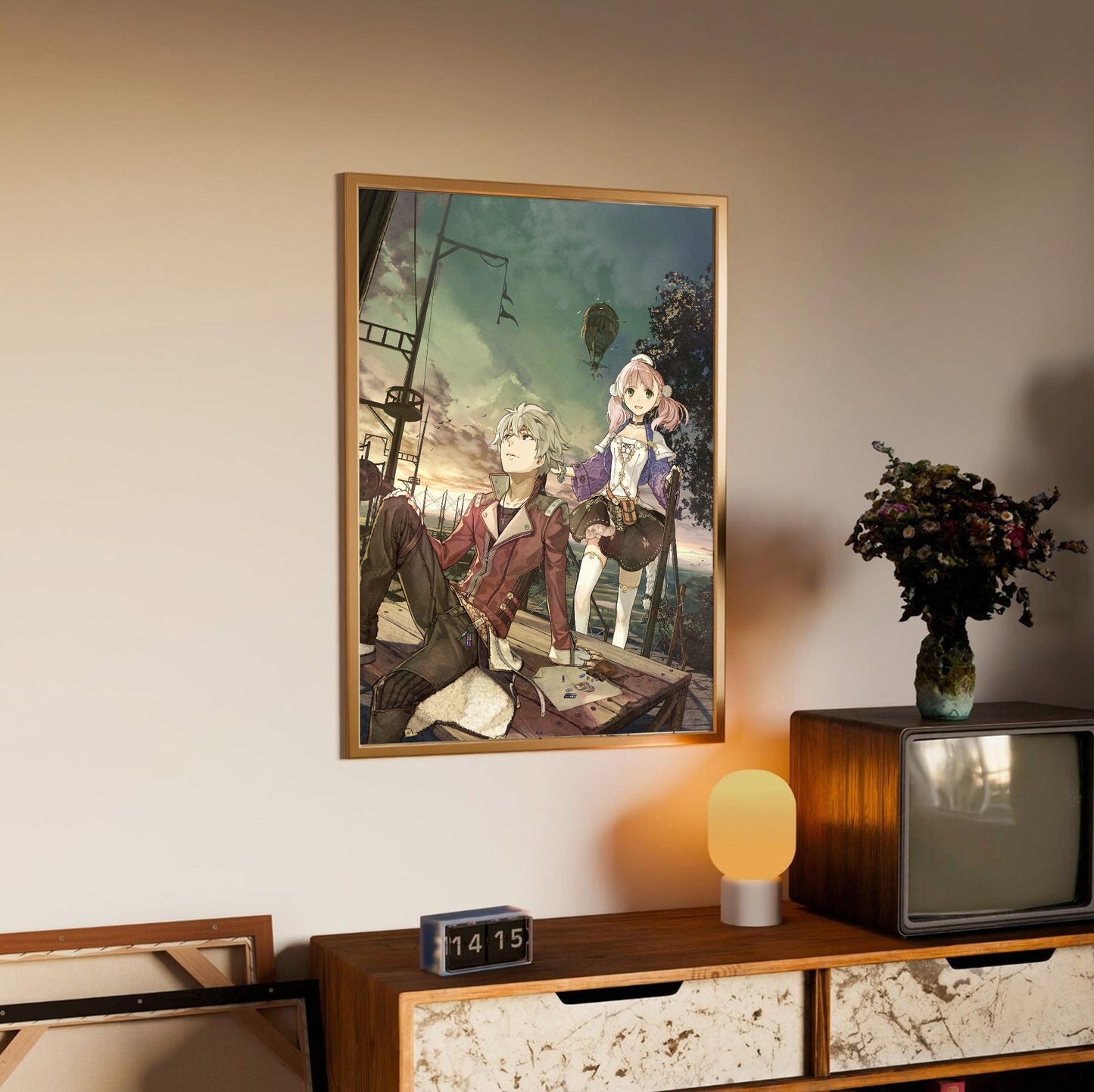 Atelier Escha and Logy Alchemists of the Dusk Sky Main Visual by Hidari in an oak frame above a sideboard