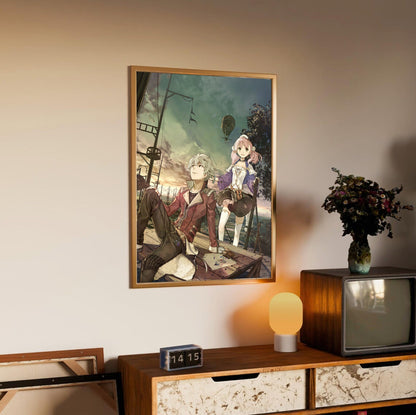 Atelier Escha and Logy Alchemists of the Dusk Sky Main Visual by Hidari in an oak frame above a sideboard