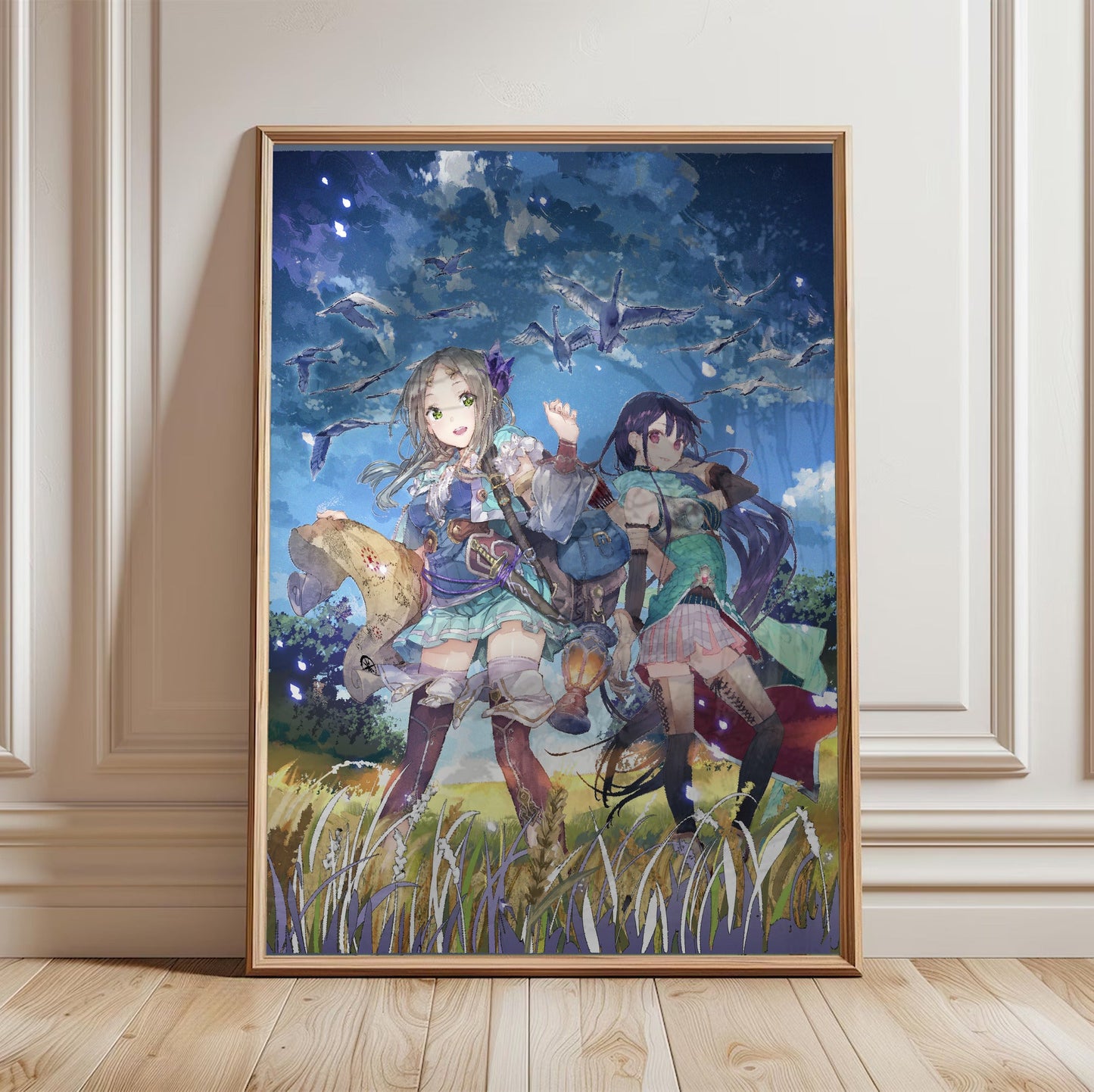 Atelier Firis The Alchemist and the Mysterious Journey Official Key Art in a light oak frame leaning against a white wall
