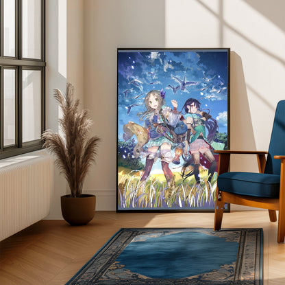 Atelier Firis The Alchemist and the Mysterious Journey Official Key Art framed beside a blue armchair in a sunlit room