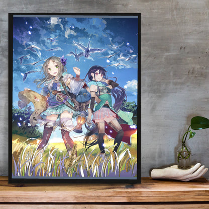 Atelier Firis The Alchemist and the Mysterious Journey Official Key Art in a black frame on a wooden shelf against concrete