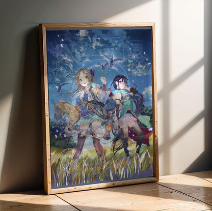 Atelier Firis The Alchemist and the Mysterious Journey Official Key Art in an oak frame leaning on a wooden floor